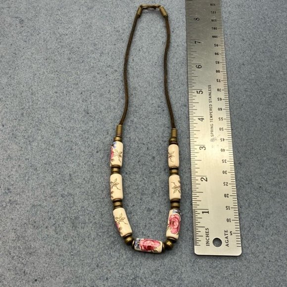 Floral Beaded Necklace Ceramic Pink Rose Cream Blue Green Bronze Cord Soft Girl - Picture 6 of 9